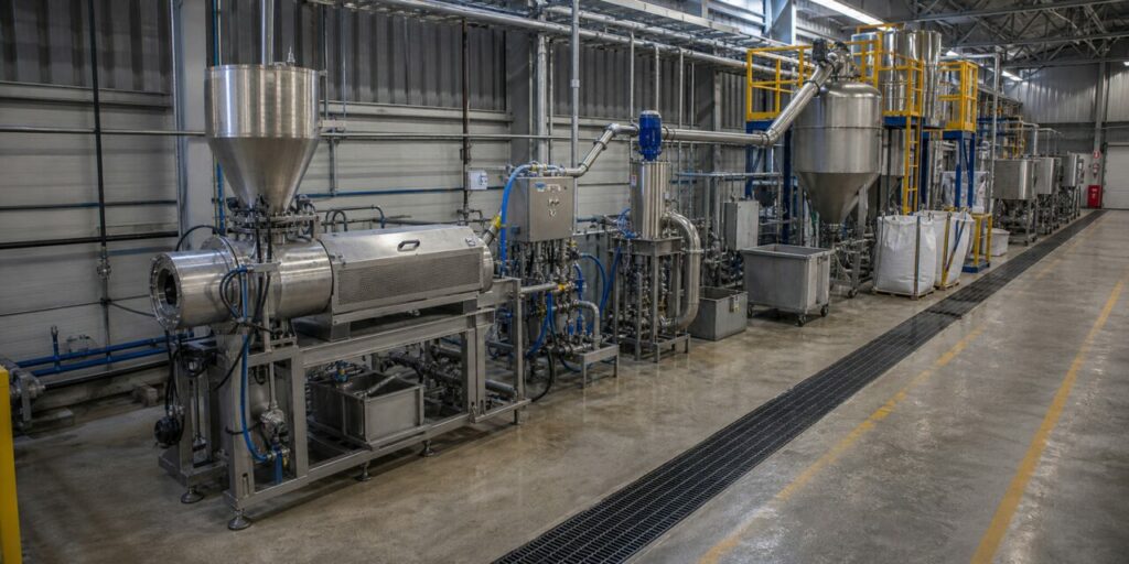 Pelletizing workshop with silos and collection bins
