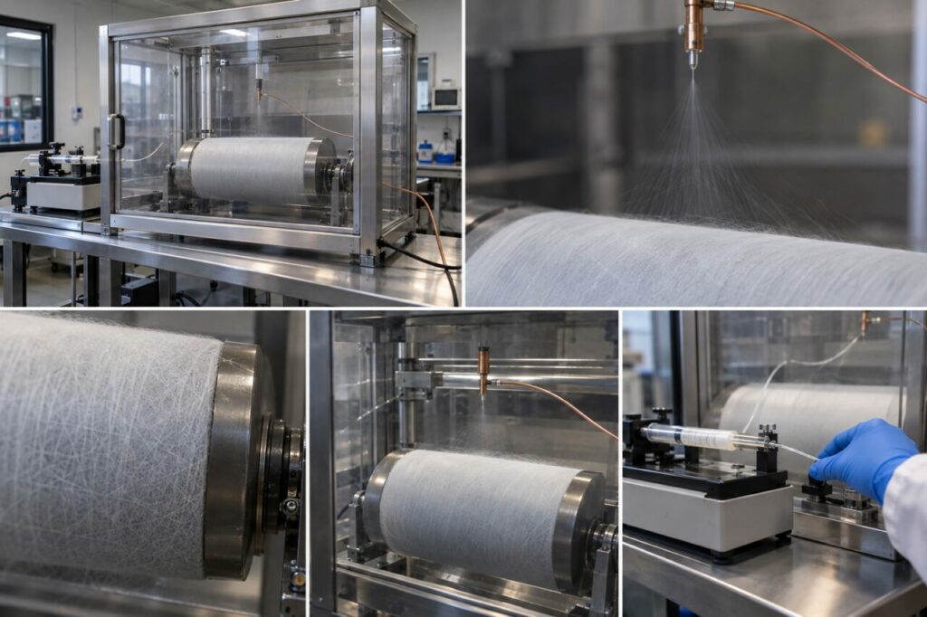 Pompa a siringa ed elettrodo di rame per fibre polimeriche in un laboratorio pilota pulito
