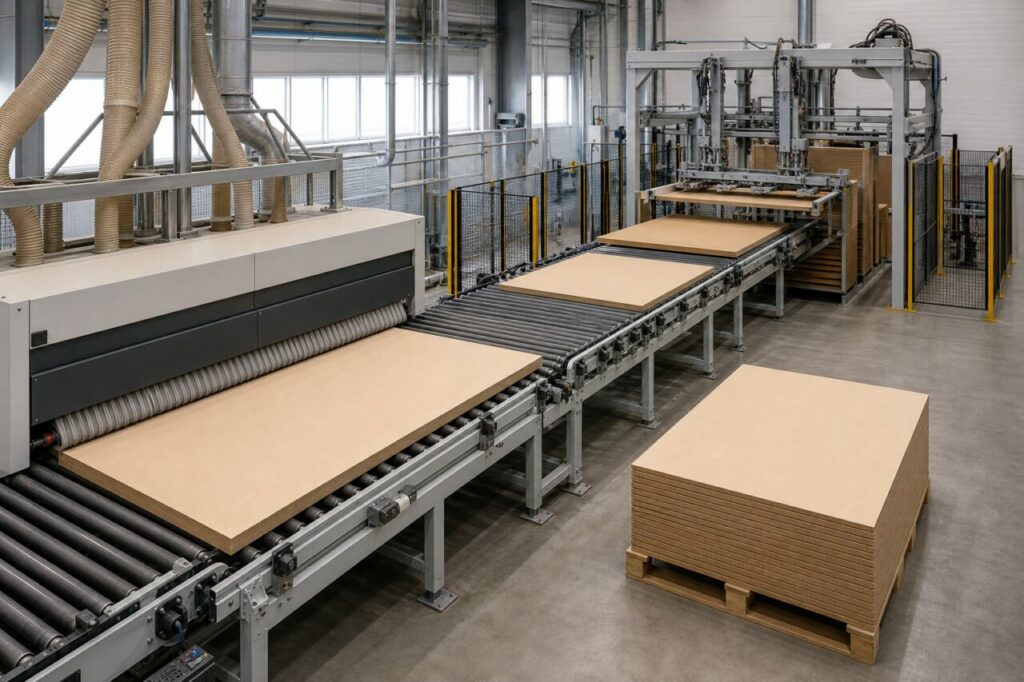 Fertige MDF-Platten — Schleifen, Förderer und Stapel am Linienende