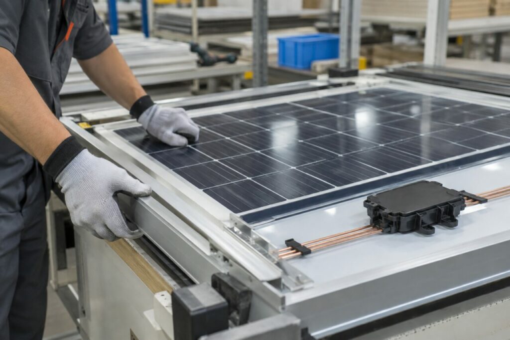 Pose du cadre aluminium et de la boîte de jonction sur un module photovoltaïque avec rubans de cuivre et joints