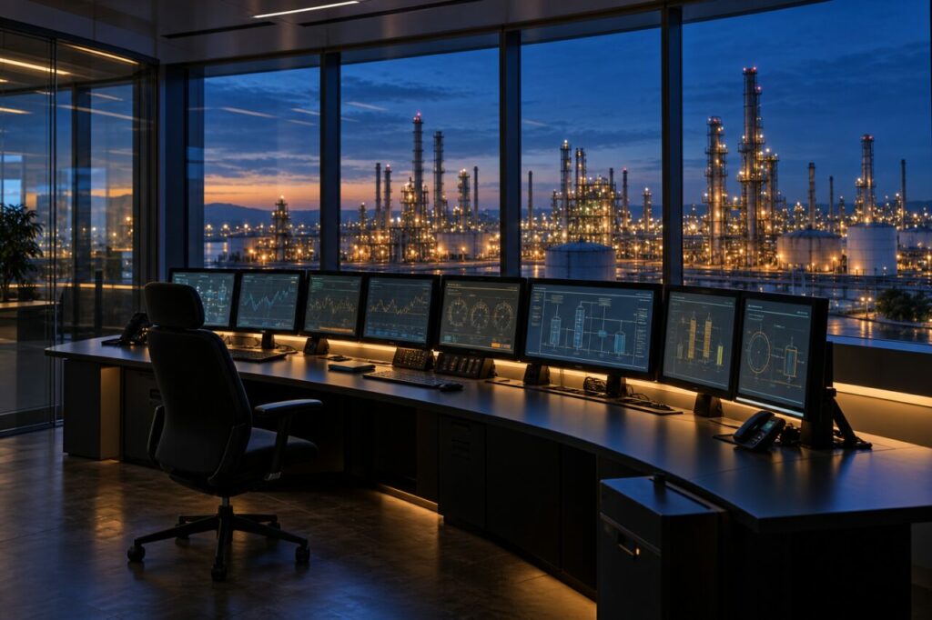 Poste de raffinerie au crépuscule avec écrans et panorama industriel
