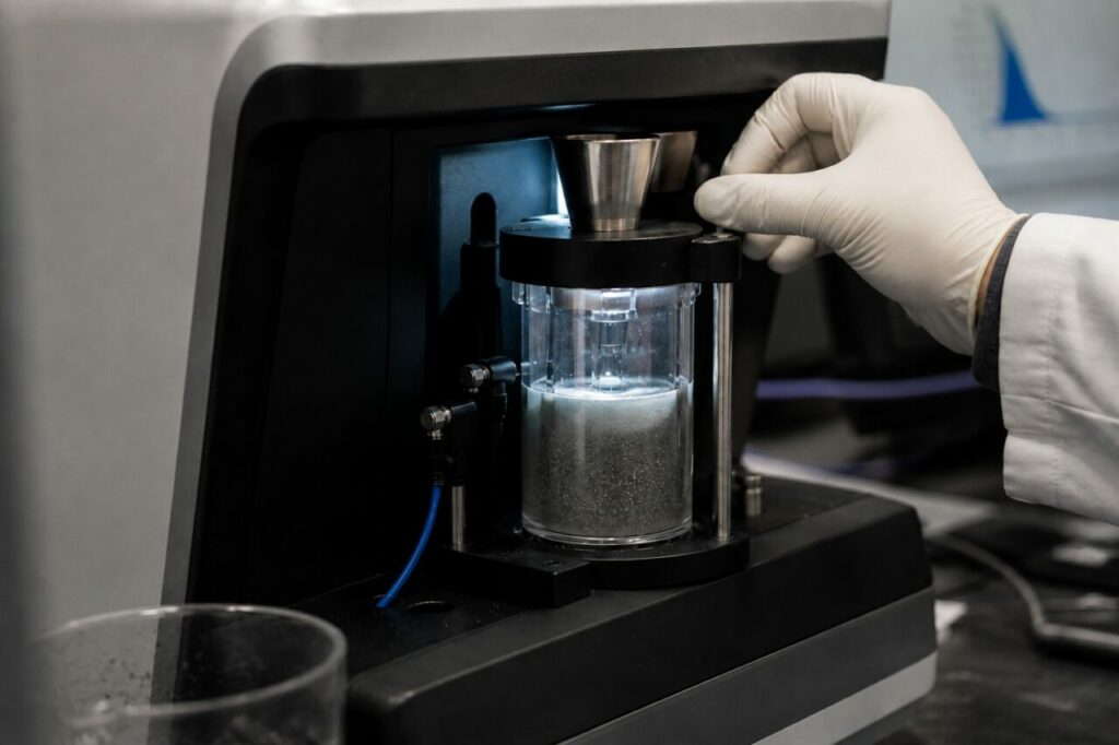 Gloved hand preparing laser measurement of suspended metal particles