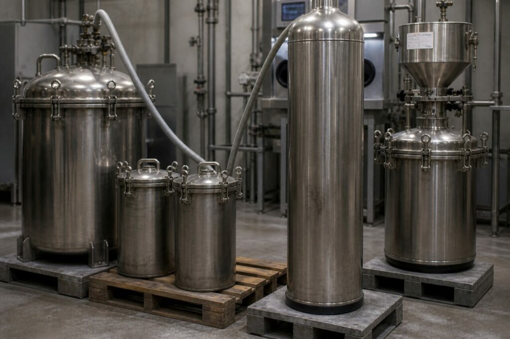Hoge cilinder en trechter in een gesloten poedermetallurgisch systeem