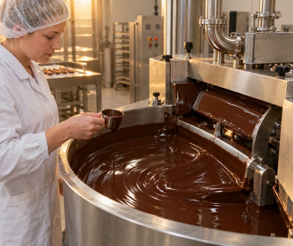 Prélèvement en tasse pendant le tempérage industriel du chocolat dans une cuve à rouleau
