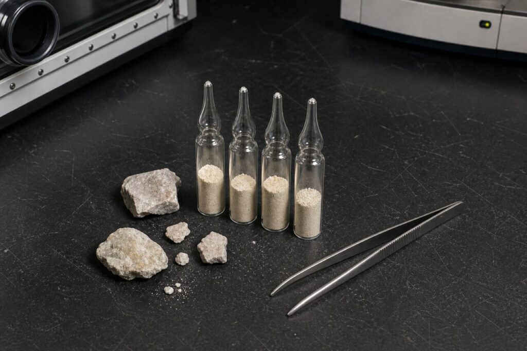Laboratorio con campioni di polvere di disprosio organizzati