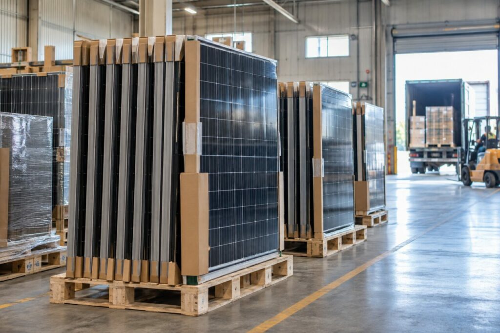 Préparation à l’expédition de modules photovoltaïques finis sur racks avec palettes de protection