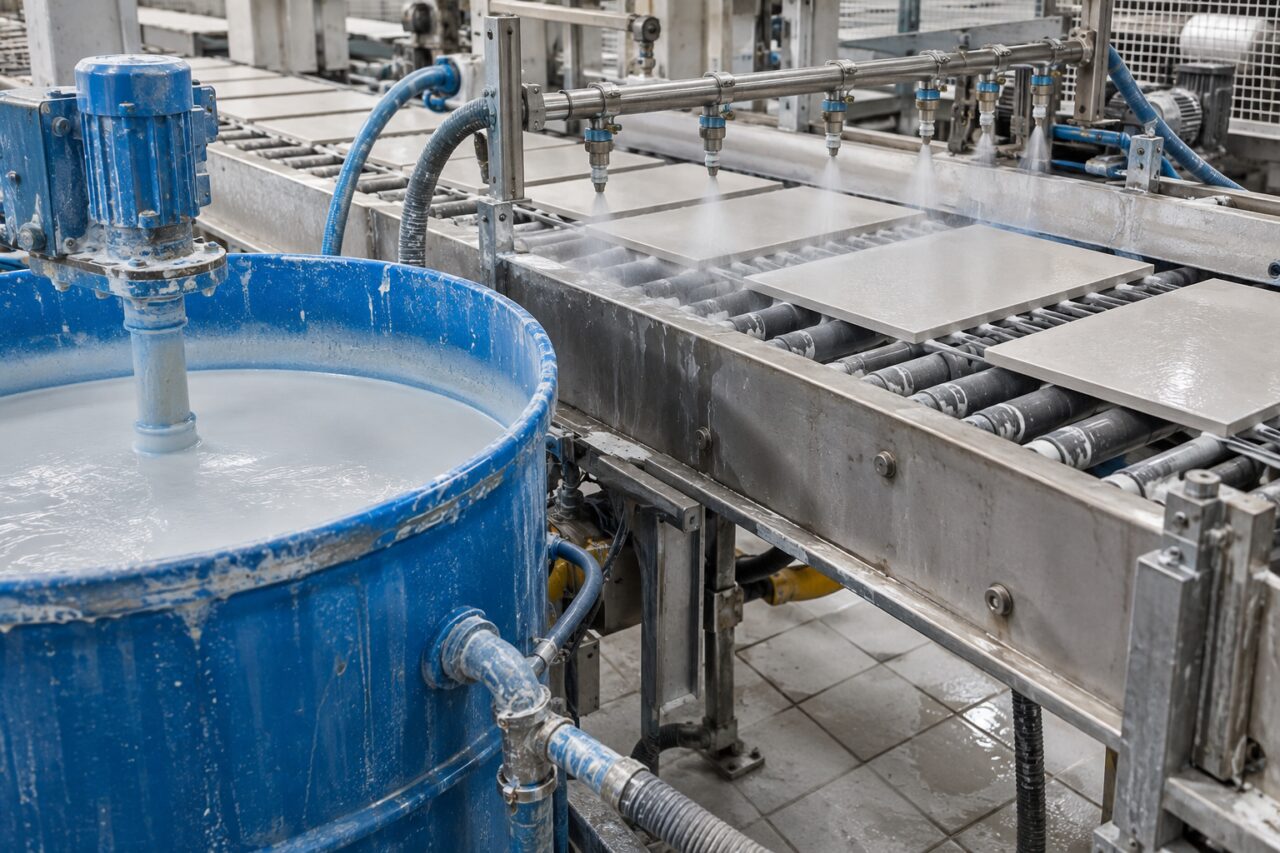 Préparation de carreaux céramiques avec cuve bleue et suspension claire