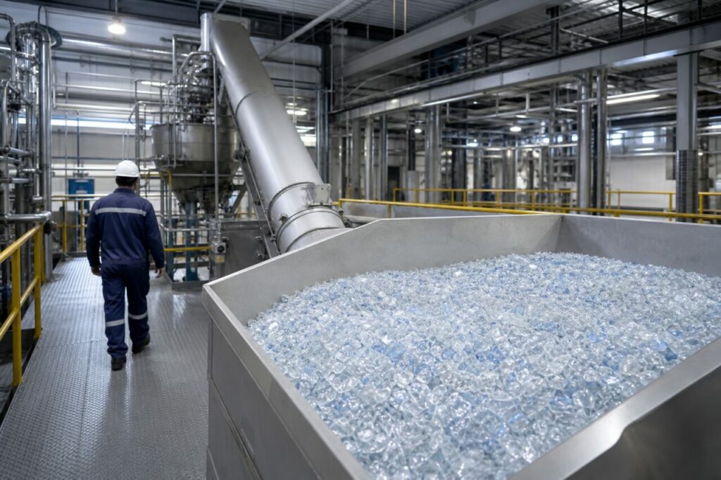 Vorbereitung gewaschener PET-Flakes vor der Beschickung eines Chem Reaktors