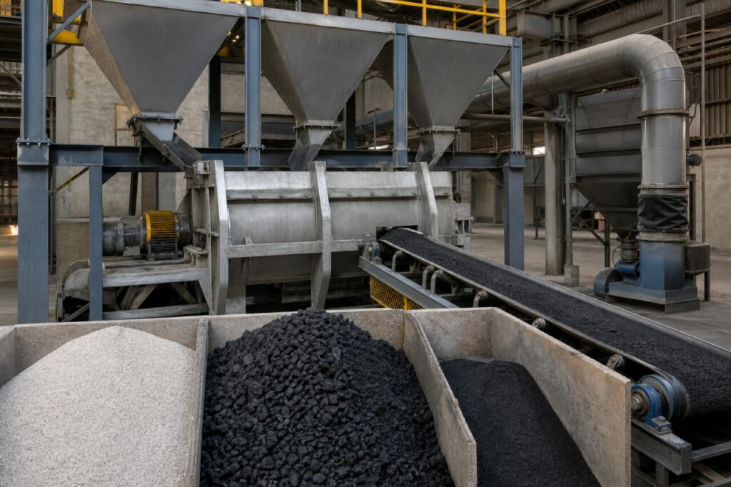 Preparação industrial de sílica e coque para carboneto de silício abrasivo