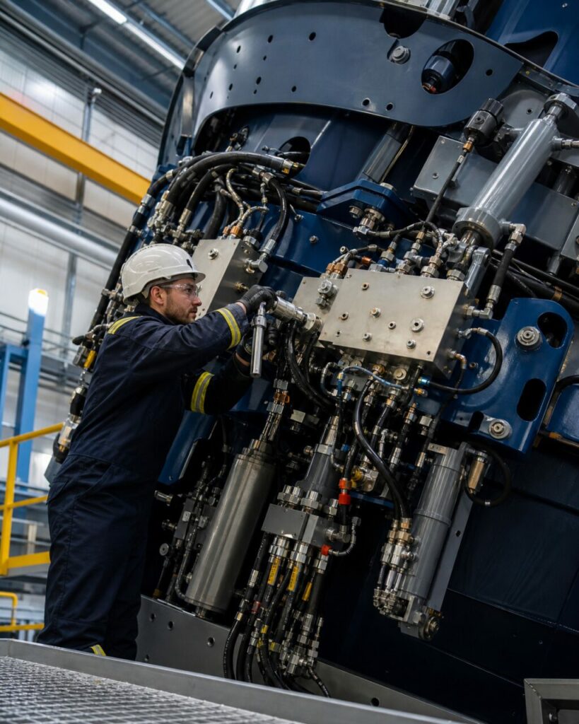 Een koppeling op het ventielblok wordt bij de actuatorbank aangehaald