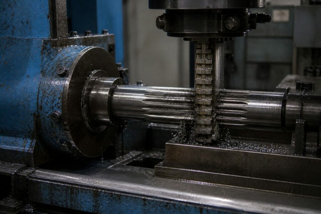 Hydraulic broaching press broaching a heavy splined shaft — machining detail