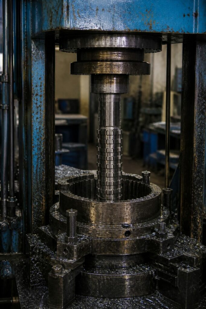 Presse à brocher hydraulique brochant un arbre cannelé lourd — gros plan technique