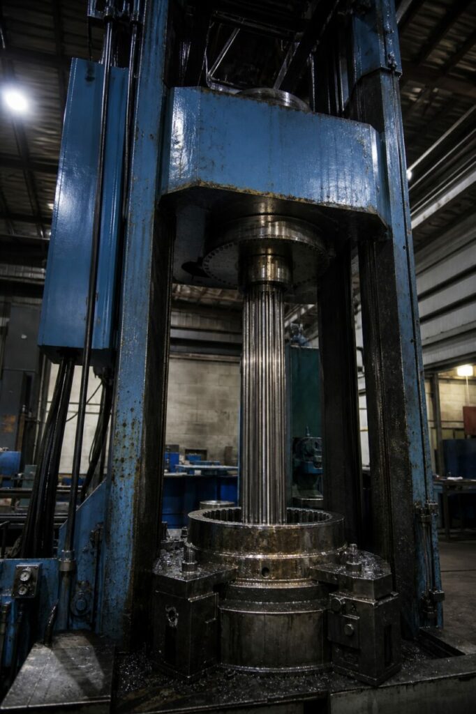 Presse à brocher hydraulique brochant un arbre cannelé lourd — perspective verticale