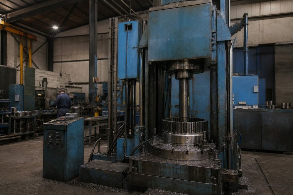 Presse à brocher hydraulique brochant un arbre cannelé lourd — vue d’atelier