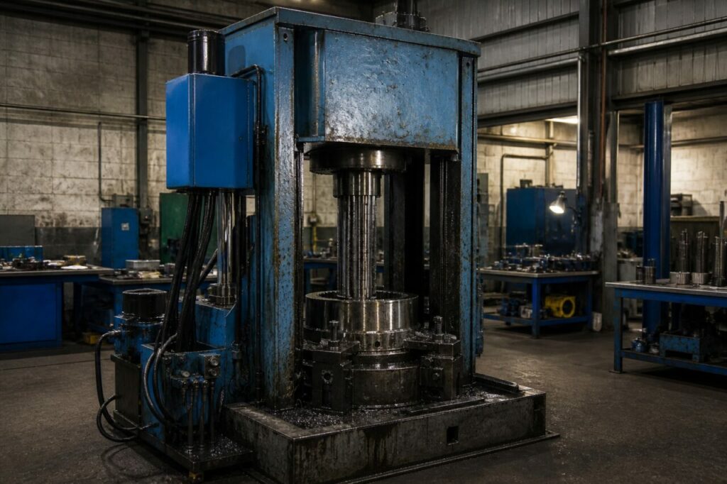 Hydraulic broaching press broaching a heavy splined shaft — wide process view