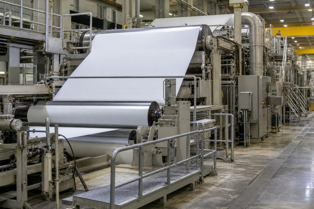 Presse de machine à papier avec feutres, rouleaux chromés et bande de papier