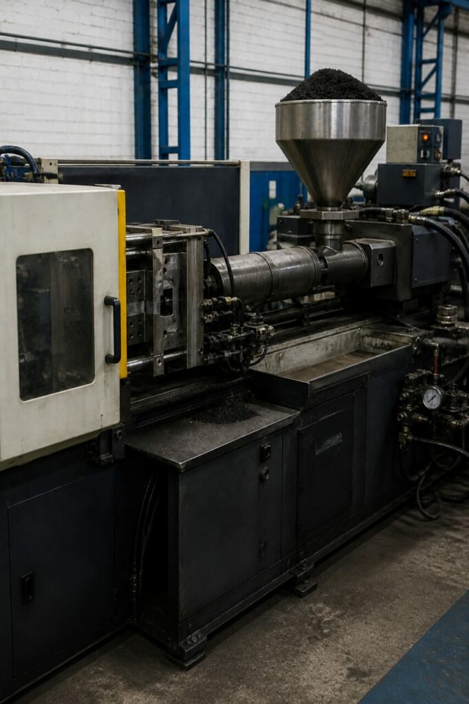 Metal injection moulding press with black frame and hopper