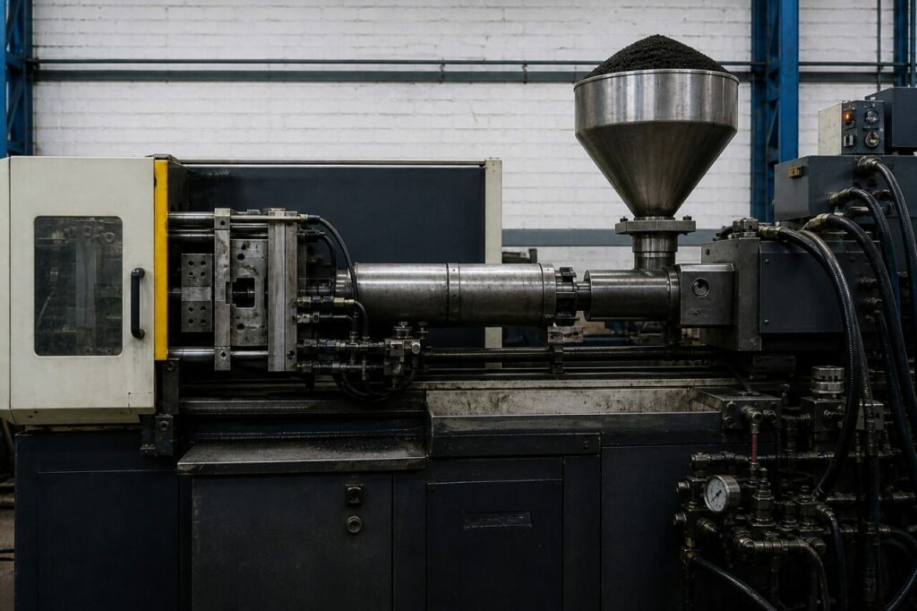 Metal injection moulding press with conical hopper and mould platens