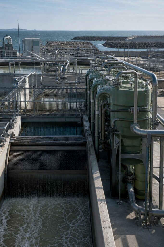 Pretrattamento dellʼacqua di mare per la produzione di idrogeno — con vessel filtranti verdi e passerelle