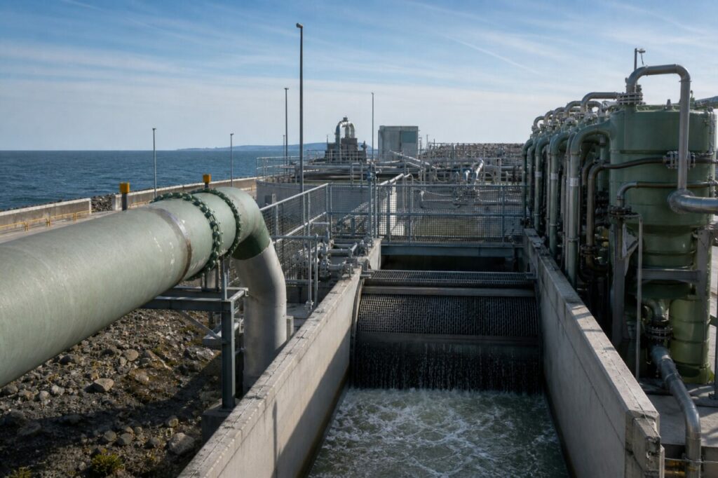 Pretrattamento dellʼacqua di mare per la produzione di idrogeno — con condotta di presa di grande diametro