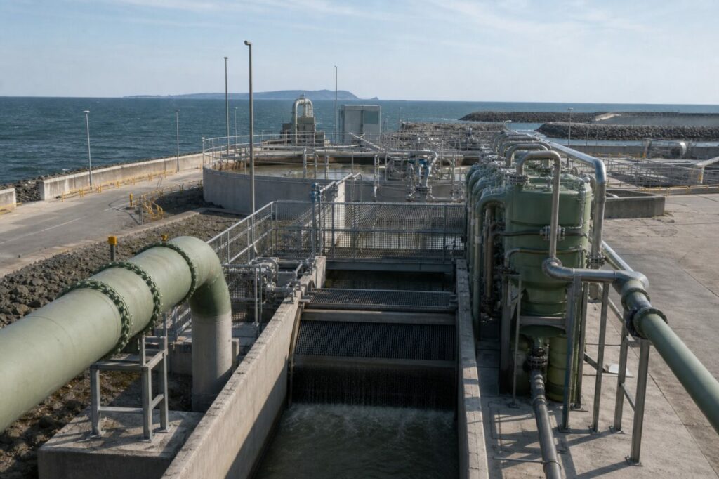 Pretrattamento dellʼacqua di mare per la produzione di idrogeno — con canali a cascata e griglie