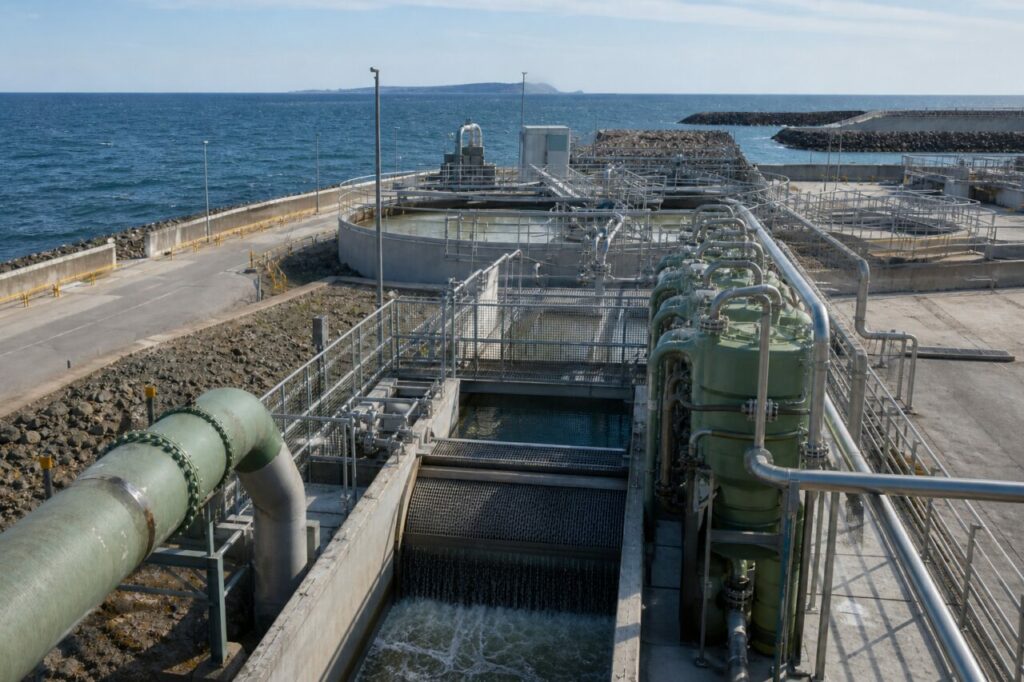 Pretrattamento dellʼacqua di mare per la produzione di idrogeno — con muro a mare e unità di filtrazione