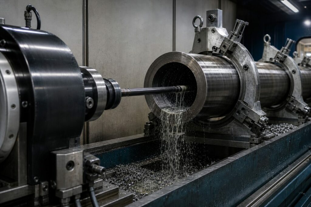 Deep-hole CNC drilling machine working on an oil-drilling body — Close side profile with the boring bar engaged in the drill body