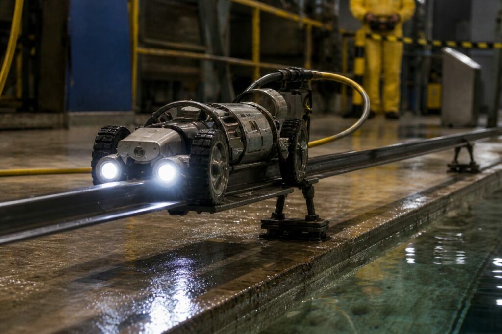 Projecteurs et roues du robot crawler sur le rail au bord du canal