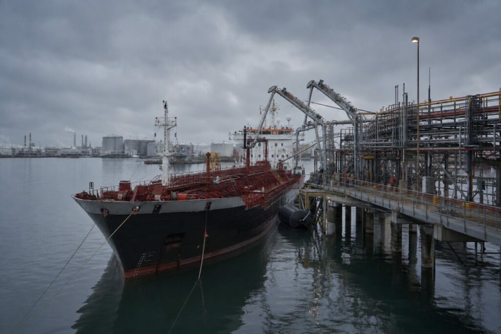 Marine jetty serving a chemical tanker through transfer arms