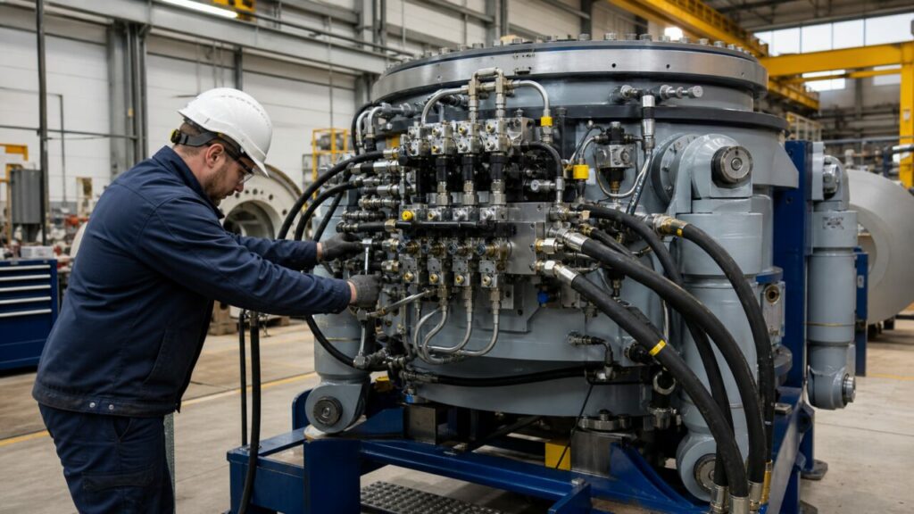 Slangaansluitingen voeren olie naar het hydraulische verdeelblok van de bladverstelling