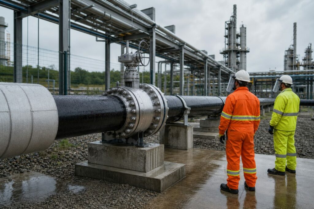 Industrieel CO₂-transport — technici inspecteren zwarte leiding en flens