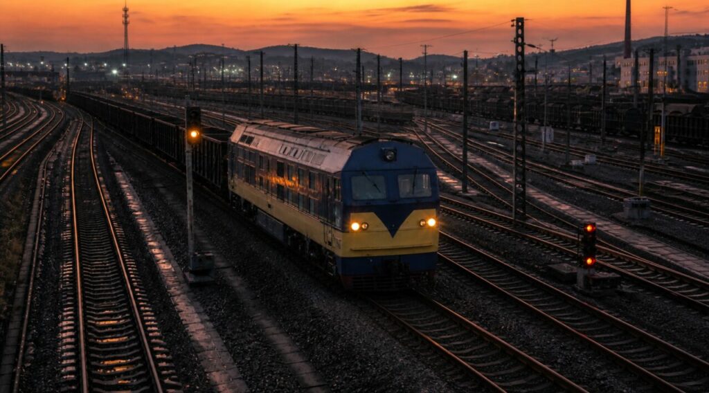 Carris ao entardecer — locomotiva diesel e vagões de granéis no terminal