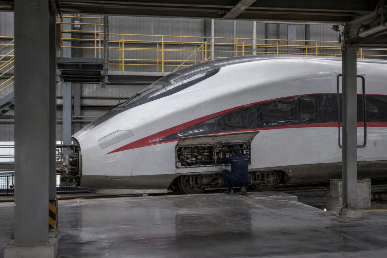 Train à grande vitesse dans un dépôt de maintenance — Rame près de la plateforme de service
