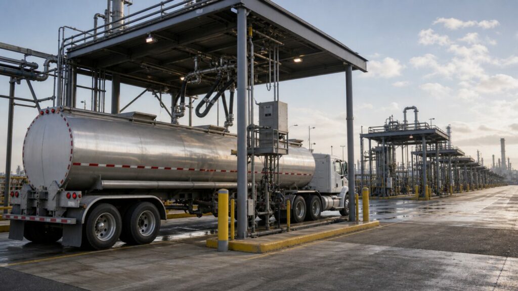 Road tanker loading rack with vapor recovery arms