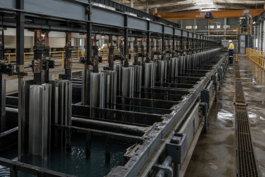 file di celle di elettroestrazione con catodi inox per produrre manganese metallico