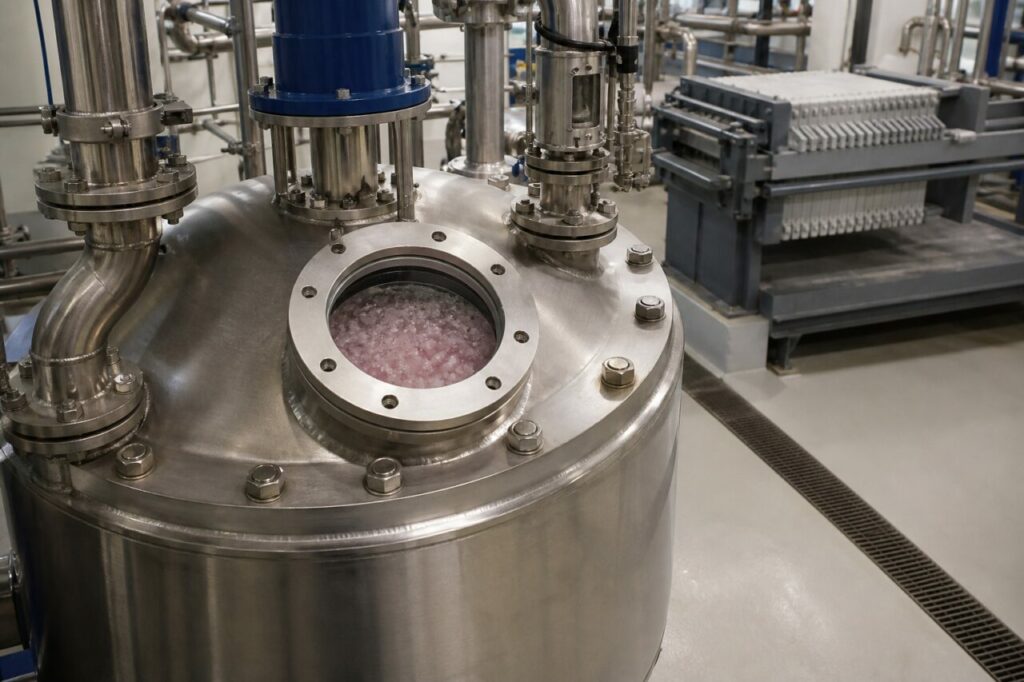 Reattore chiuso per la precipitazione controllata del solfato di cobalto con filtropressa