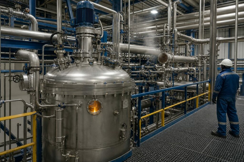 Gerührter Edelstahlreaktor für die PET-Glykolyse auf einem Industriesteg