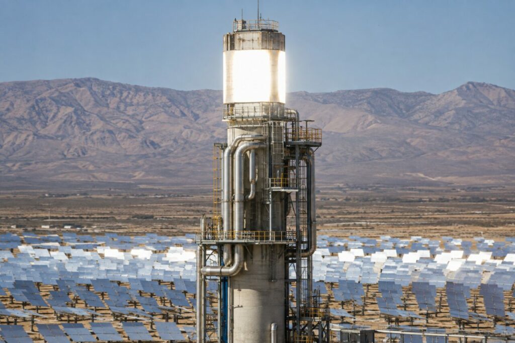 Ricevitore solare centrale sopra una fila di eliostati polverosi