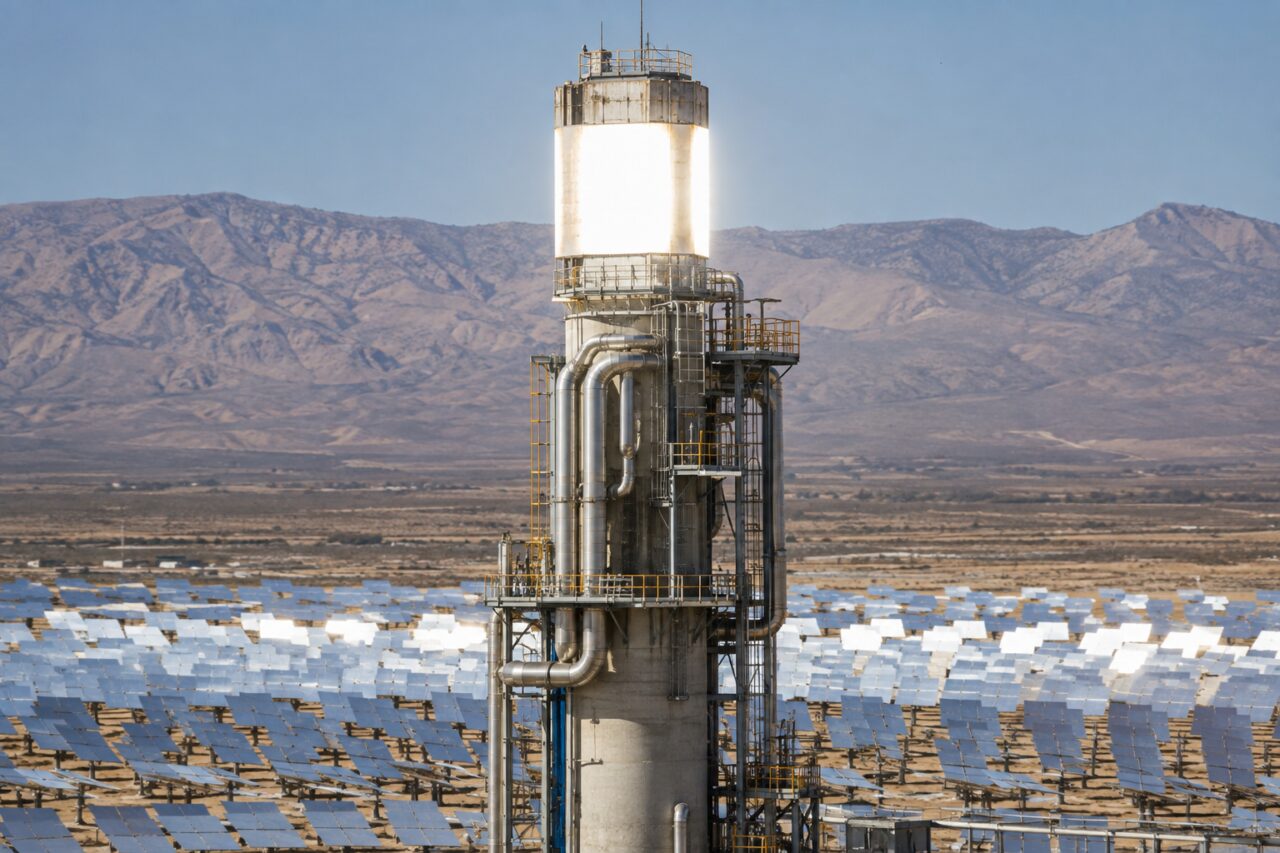 Récepteur solaire central dominant une rangée d’héliostats poussiéreux