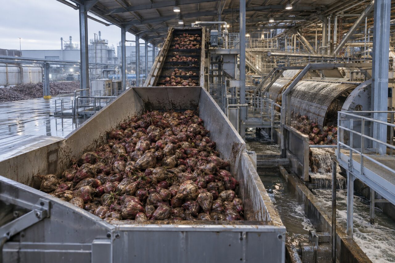 Réception de betteraves sucrières dans une usine industrielle