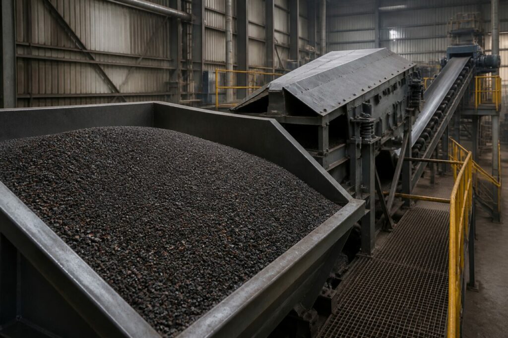 industrial reception of tantalite concentrate at a mineral hopper and vibrating screen