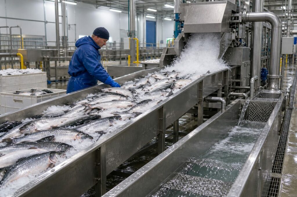 Réception du poisson frais sur glace en usine