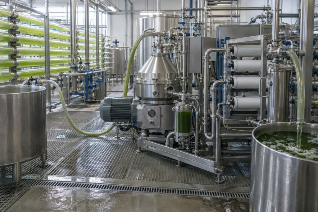 Récolte et filtration de biomasse issue de photobioréacteurs tubulaires industriels