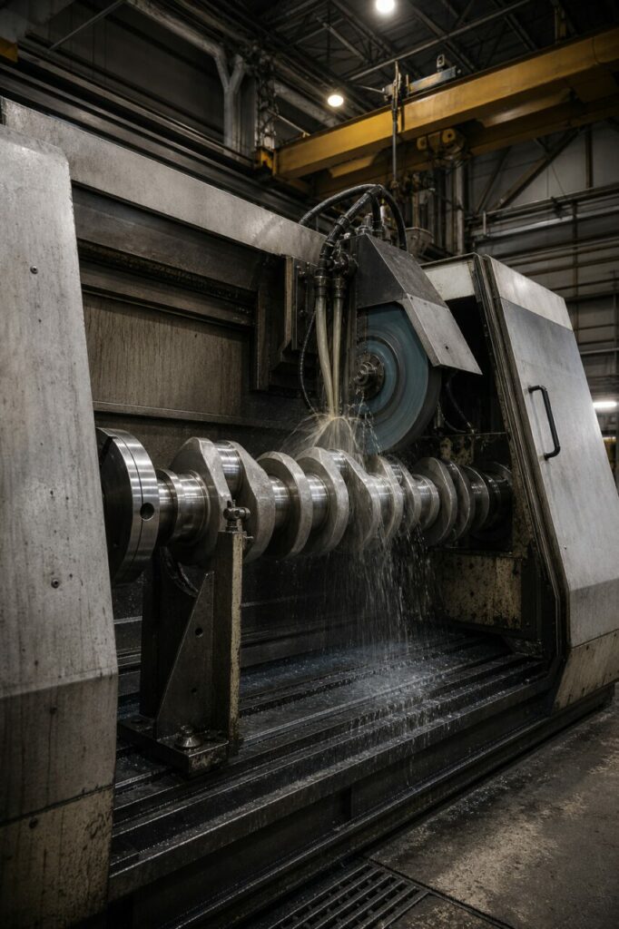 CNC-krukas-slijpmachine met draaiende slijpschijf, laag standpunt in de werkplaats