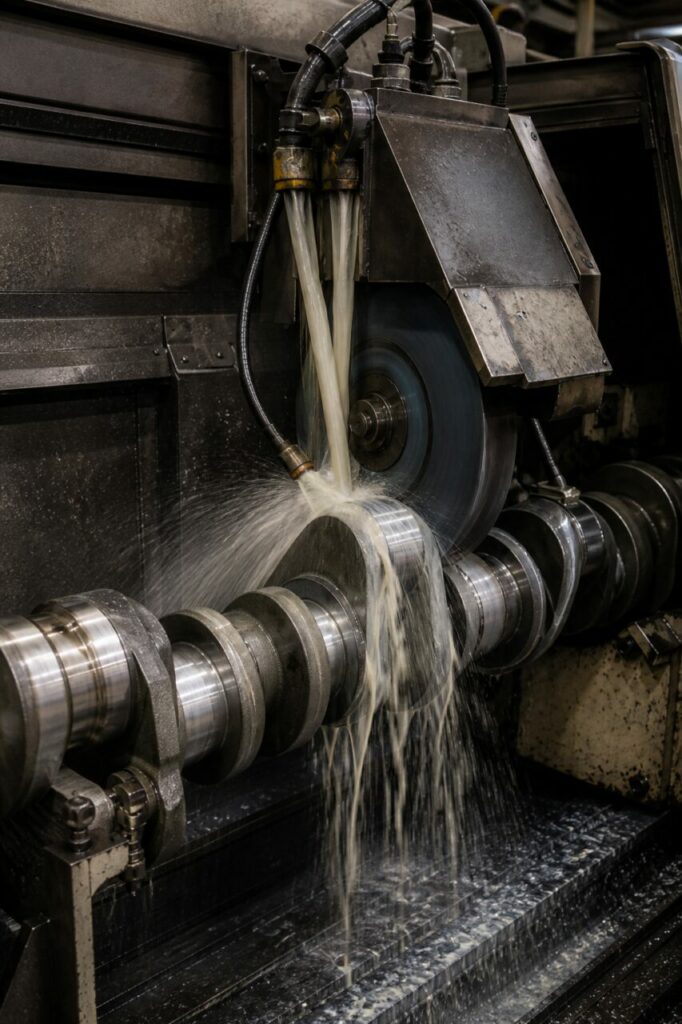 CNC-krukas-slijpmachine met draaiende slijpschijf, detail van gereedschap en werkstuk