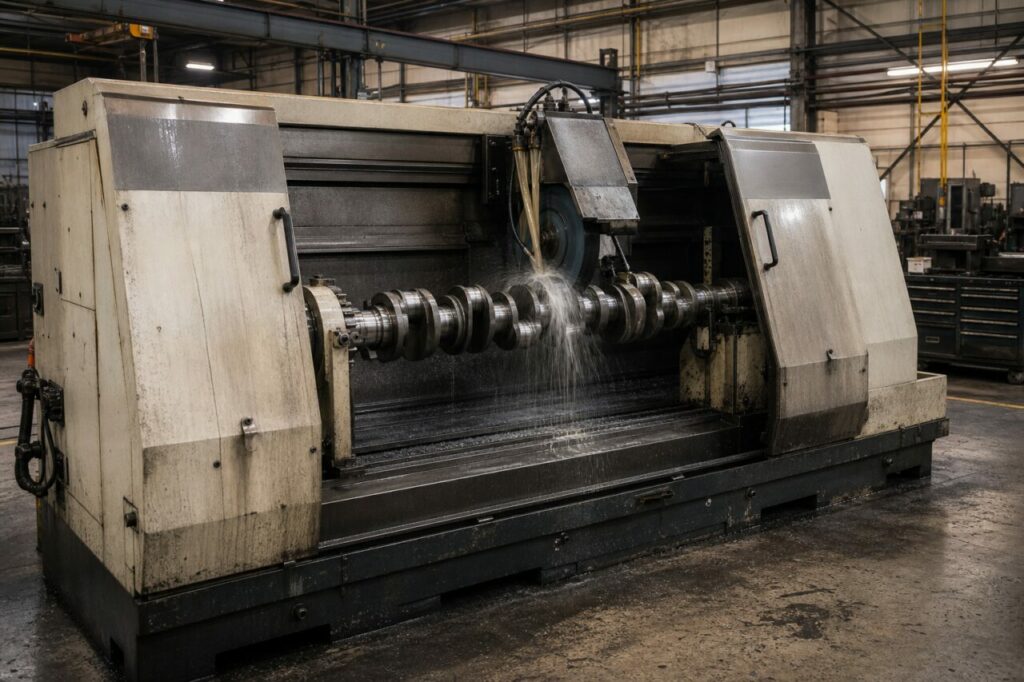 CNC-krukas-slijpmachine met draaiende slijpschijf, overzicht in de verspaningshal