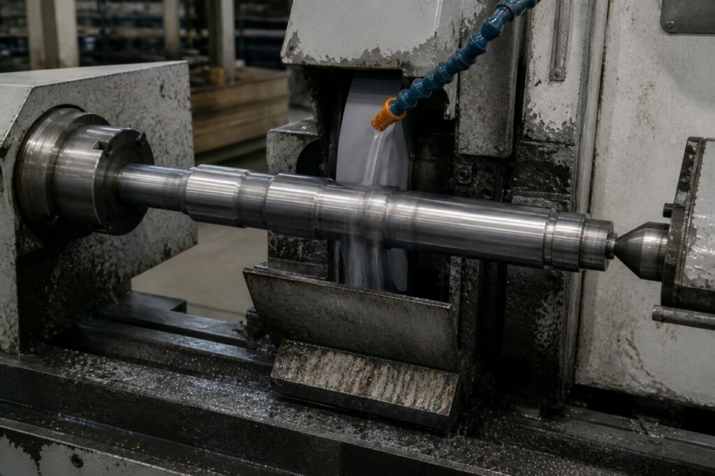 Precision cylindrical grinder for a steel shaft journal — with cutting fluid on the journal