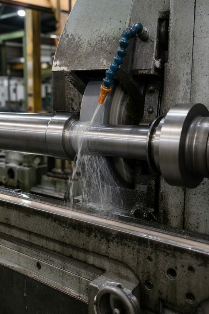 Precision cylindrical grinder for a steel shaft journal — at the machined contact area