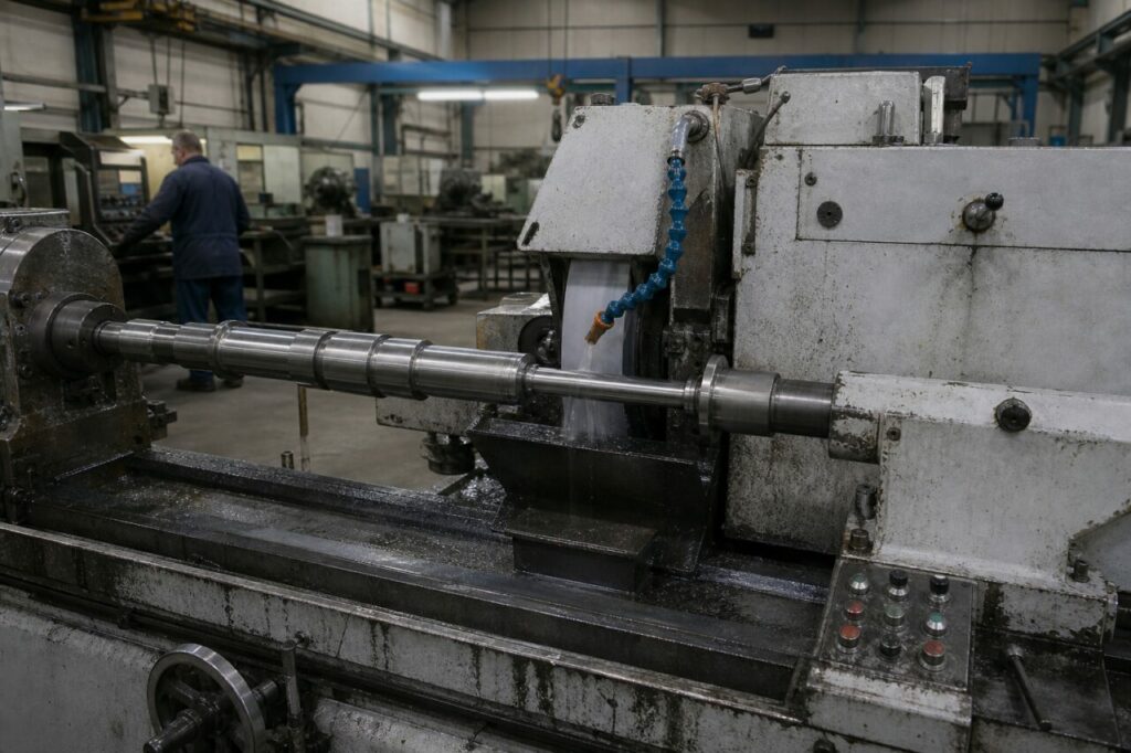 Precision cylindrical grinder for a steel shaft journal — with shaft supports beneath the grinding wheel