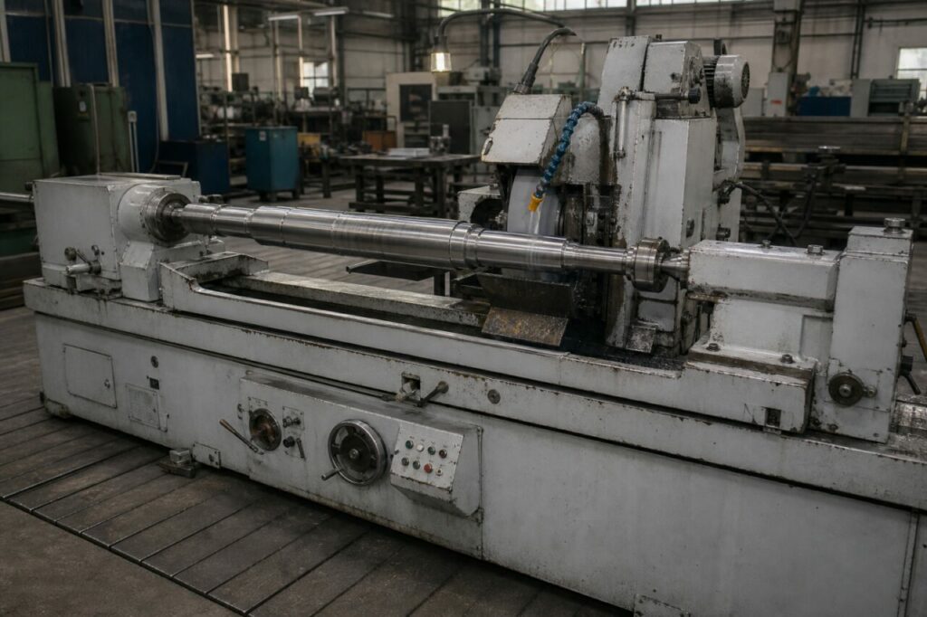 Precision cylindrical grinder for a steel shaft journal — with wheel and supports visible